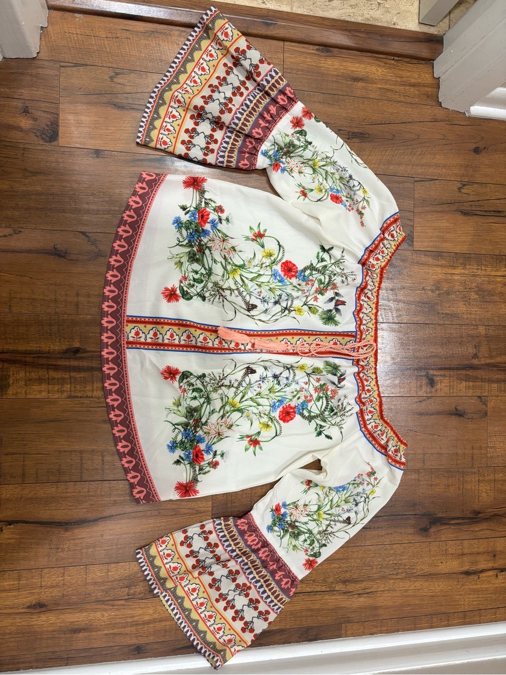 Umgee Boho Off-Shoulder Peasant Tunic Top Colorful Floral Butterfly Botanical